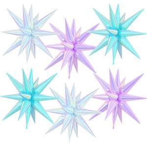 lot 4119 image: Iridescent Pink Purple Teal Star Foil Balloons, 6 Pcs Transparent Rainbow Star Explosion Balloons, 22 Inch Gradient Spike star Cone balloon for Birthday Wedding Under The Sea Mermaid Party Decoration