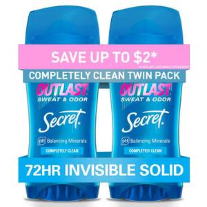 lot 4136 image: Secret Outlast Antiperspirant Deodorant for Women, 72hr Sweat & Odor Protection, PH Balancing Minerals, Invisible Solid, Completely Clean Scent, 2.6 oz (Pack of 2)