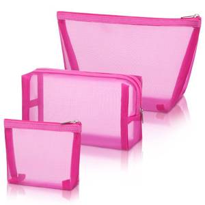 lot 4139 image: Boao 3 Piece Mesh Cosmetic Bag Mesh Makeup Bag with Zipper Pouch Travel Toiletry for Makeup Organizer Home Office Travel Accessories(Rose Red)
