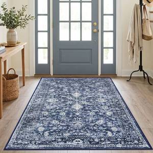 lot 5817 image: KILOCOCO Area Rug 4x6 Entryway Rug Washable Printed Vintage Floral Rubber Backed Non Slip Indoor Kitchen Rugs for Laundry Room Playroom Bedroom Living Room Moroccan Area Rugs, Navy Blue