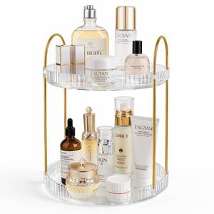 lot 5818 image: 360° Rotating Makeup Organizer 2 Tier Large Capacity Perfume Skincare Tray for Dresser Spinning Bathroom Counter Organizer for Vanity Lazy Susan Turntable Storage for Kitchen, Clear