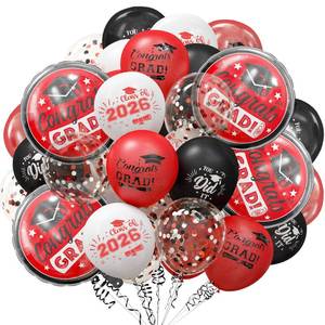 lot 6413 image: GuassLee Graduation Black and Red Balloons 2026 - Grad Latex Confetti Balloons with Congrats Grad Foil Balloons for Graduation Party Decorations Supplies, 60Pcs