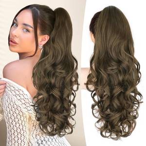 lot 6422 image: ALXNAN Claw Long Wavy Ponytail Extension,24 Inch Curly Pony Tail Clip in Hair Extensions for Women,Light Chestnut Brown Clip on Pony Tails Hair Extensions