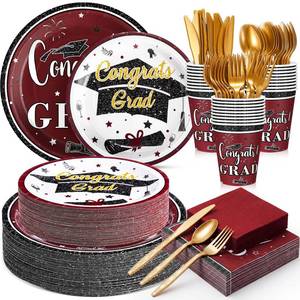 lot 7189 image: Domensi 400 Pcs 2026 Graduation Decorations Plates and Napkins and Cups Set Serve 50, Maroon and Gold Graduation Party Supplies, Class of 2026 Paper Tableware 9oz Cup Knife Fork Spoon Congrats Grad