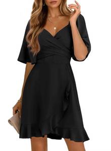 lot 8454 image: Dokotoo Womens Summer Wrap V Neck Short Flared Sleeve Smocked Elastic Waist Tiered Belted Ruffle Hem Mini Dress Graduation Dress Black M