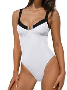 lot 8462 image: BERLOOK One Piece Swimsuit Women Tummy Control Ribbed Retro Bathing Suits Contrast Trim Knotted Sety Slimming Swimwear White, Size Small