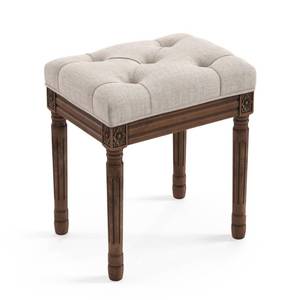 lot 11934 image: LUE BONA Upholstered Fabric Vanity Bench Seat, Makeup Stools for Vanity, Square Tufted Ottoman Bench with Carved Dark Brown Legs for Bedroom Living Room, Linen Color (Used)
