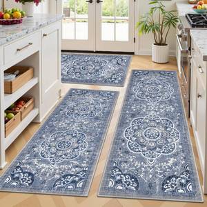 lot 11963 image: Ileading Boho Kitchen Rugs Sets 3 Piece with Runner Floral Kitchen Floor Mat Carpet Farmhouse Kitchen Rugs and Mats Non Skid Washable Runner Rug for Kitchen Floor Office Sink Laundry, Blue