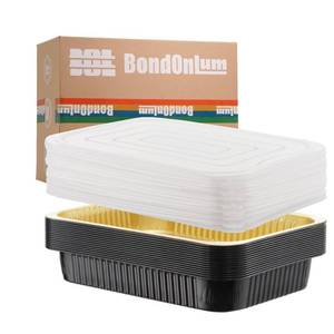 lot 11964 image: BondOnLum Aluminum Foil Pan with Lids,Heavy Duty Disposable Aluminum Baking Pans,14.57�10.63 Steam Table Pan for Cooking,Heating, Storing,Prepping Roasting and Chafing(15 Pack Black and Gold wLids)