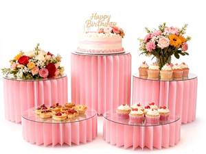 lot 11972 image: DaJi-U 5 Pcs Buffet Risers Food Display Risers for Party Buffet Table, Dessert Table Display Set Cake and Cupcake Stand Combo, Riser Display Stand for Dessert Food Jewelry, Pink, 4812 H,Pink