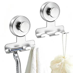 lot 12095 image: IGDALAR Suction Cup Razor Holder, 2 Pack Steel Wall Mount, No-Drill Bathroom Storage with 15 lbs Capacity, Modern Twist Lock Design for Shower Razors, Towels and Loofahs (Silver)