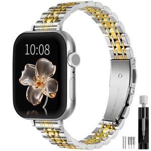 lot 12104 image: wkiss Slim Stainless Steel Band Compatible with Apple Watch Band 42mm(Series 11 10) 41mm 40mm 38mm,Women Fashion Metal Replacement Strap for iWatch Bands Series 9 8 7 6 5 4 3 2 1 SE,SilverGold
