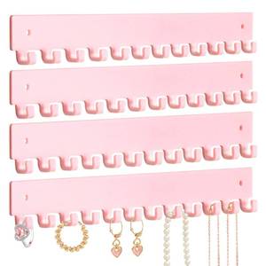 lot 12106 image: milylove Acrylic Necklace Holder 4 Pack Wall Mounted Necklace Organizer Hanging Jewelry Organizer with 12 Hooks for Necklaces, Bracelets, Rings and Bangles Display Pink