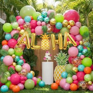 lot 12159 image: 171Pcs Tropical Balloons Arch Garland Kit, Hawaiian Luau Aloha Party Decorations with Olive Green Hot Pink Orange Rose Gold Confetti Balloons Palm Leaves for Summer Party Baby Shower Wedding Birthday