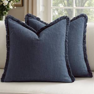 lot 12177 image: Woaboy Decorative Linen Fringe Throw Pillow Covers Boho Farmhouse Soft Cushion Covers Accent Pillowcases with Tassels for Living Room Couch Sofa Bed Chair,18x18 Inch Set of 2,Blue