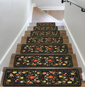 lot 13823 image: KingMang Floral Stair Treads for Wooden Steps Non-Slip 8X30 15PCS Flower Stair Carpet Rubber Backing Stair Runner Reusable Stair Rugs Indoor Safety Stair Mats for Elders Kids Dogs Black