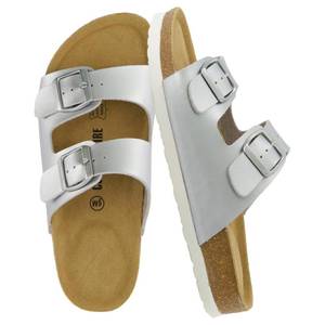 lot 13826 image: CUSHIONAIRE Lane Cork Footbed Womens Sandals Comfortable Double Buckle Slip On Sandals for Women with Arch Support and Classic Two Strap Design, SILVER 8.5