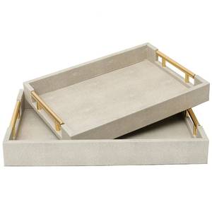 lot 13833 image: SwallowLiving Set of 2 Shagreen Serving Tray with Gold Polished Metal Handles Ivory Wood Decorative Tray PU Leather with Brushed Gold for Coffee Table Ottoman Console Table