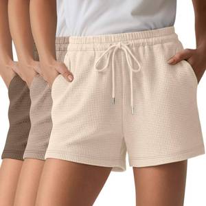 lot 14028 image: Neer 3 Pack Womens Waffle Knit Shorts High Waist Loose Drawstring Casual Summer Lightweight Soft Shorts with Pockets(Brown, Coffee, Cream,Medium)