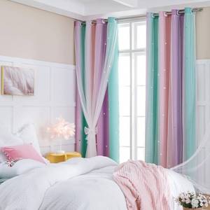 lot 14041 image: XiDi Curtains for Bedroom Decor, Rainbow Pink Purple Green 34541