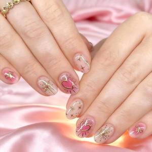 lot 14061 image: Valentine Press on Nails Short Oval Fake Nails Gradient Pink Gold Heart Star Design,Pink Heart Nails Press ons Acrylic Glue On Nails,Manicure Stick on Nails for Women Holiday & Party 24Pcs