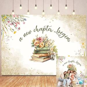 lot 14414 image: A New Chapter Begins Backdrop Bridal Shower Backdrop Floral Wildflower Books Wedding Engagement Photography Background Baby Shower Cake Table Decoration Photo Booth Props (7x5FT)