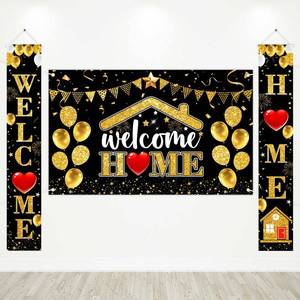lot 14440 image: Avezano Welcome Back Backdrop Banner 3Pcs Welcome Home Banner&Porch Signs Decorations Black Gold Homecoming Welcome Party Decor for Family Returning Hanging Banner Indoor Outdoor (Black)