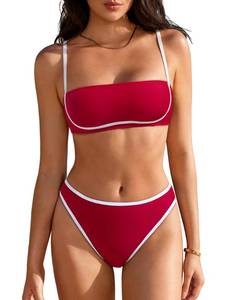 lot 14492 image: SUUKSESS Women Bandeau High Waisted Bikini Set Cheeky High Cut Two Piece Swimsuits Square Neck Color Block Bathing Suit (Red White,M)