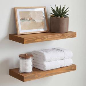 lot 19758 image: Homeforia 16 inch Golden Oak Floating Shelf, High End Solid Real Wood 16inch Small Floating Shelves for Wall Mounted, Oak Wooden 16in Floating Shelves, Heavy Duty Bracket, 16 X 6.5 X 1.75 in, Set of 3