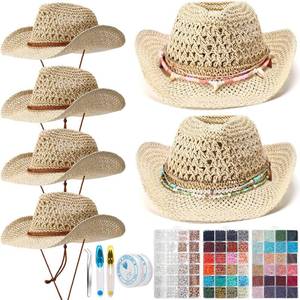 lot 19779 image: Hercicy 6 Set Coastal Cowgirl Hat Craft DIY with Beaded Making Kit Make Your Own Beach Straw Hat for Women Bachelorette Party(Beige)