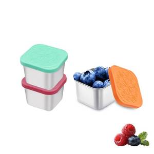 lot 20100 image: sagact 304 Premium Stainless Steel Snack Containers with Silicone Lids, Snackle Box Containers, Easy-Open Leak-Proof Kids for Taking Out for a Picnic, Lunch Box and Travel. (Red Orange Blue-3, 2 OZ)