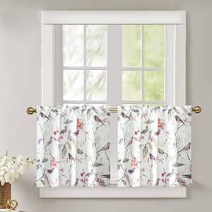 lot 20108 image: Leeva Modern Linen Textured Kitchen Tiers, 24 Inch Length Vivid Purple Bird Print Short Window Curtains for Bathroom, Rod Pocket Home Decor Drapes, 2 Panels Pair
