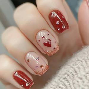 lot 20110 image: 24 Pcs Valentines Press on Nails, Red Love Heart Design Medium Coffin Fake Nails, Rhinestones Glossy False Nails Full Cover Artificial Nails Stick on Nails for Women Girls (Long Coffin Shape)