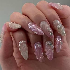 lot 20117 image: MINGCHUN Handmade French Tip Press on Nails Short Almond Summer Fake Nails Press ons Acrylic Nail Tips Full Cover False Nails Glue on Nails Kit Blue Purple Smudge 3D Texture for Women 24 Pcs-12 Sizes