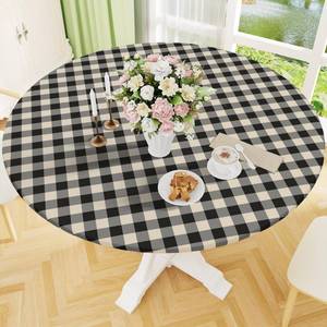 lot 20128 image: Smiry Round Picnic Tablecloth, Elastic Waterproof Fitted Vinyl Tablecloths for 36-44 Tables, Flannel Backed Buffalo Plaid Table Cover for Dining, Camping, Outdoor, Black and Beige
