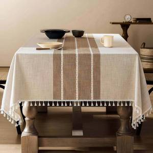 lot 20158 image: ZeeMart Contrast Linen Table Cloth 60x120 Inch (Fit 7ft��8ft, Narrow Fit 9ft Rectangle Table), Brown Farmhouse Heavy Weight Beige Tablecloth, Water Resistant Burlap Table Cover