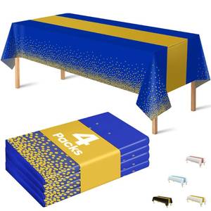 lot 20169 image: OHOME 4 Pack Disposable Plastic Table Cloths for Parties,Royal Blue and Gold Rectangle Table Covers for Graduation Wedding Birthday Fathers Day Decorations  Christmas Decorations 54 x 108