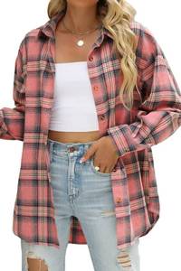 lot 20182 image: CHYRII Womens Button Down Flannel Shirts Long Sleeve Plaid Shacket Business Casual Blouse Topss Pink L