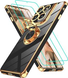 lot 20185 image: Gritup for Motorola Moto Edge 2025 Case 2Pcs Screen Protector, 360° Rotation Ring Holder Magnetic Kickstand,Plating Gold Edge Soft TPU Protective Cover, Black