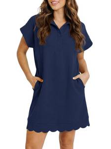 lot 20198 image: Fisoew Womens Summer T Shirt Mini Dress Short Sleeve Collared V Neck Button Loose Active Dresses with Pockets Navy Small