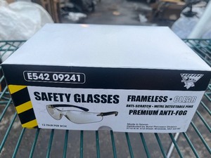 lot 266 image: SAFETY GLASSES 12 PAIR PER BOX WORKHORSE FRAMELESS  CLEAR ANTI-SCRATCH  METAL DETECTABLE PINS PREMIUM ANTI-FOG