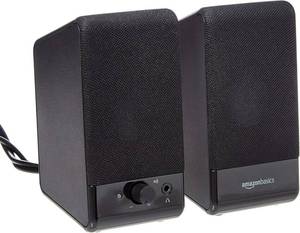 lot 161559 image: Amazon Basics USB-Powered Computer Speakers with Volume Control for Desktop or Laptop PC, Compact Size, Headphone Jack, Portable, Plug-N-Play, Black