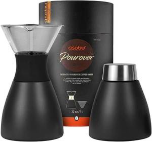 lot 161565 image: asobu Black Insulated Pour Over Coffee Maker (32 oz.) Double-Wall Vacuum, Stainless-Steel Filter, Stays Hot Up to 12 Hours (Black)
