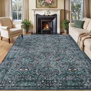 lot 261592 image: 8x10 Retro Green Area Rug,Washable Living Room Floral Large Rug for Dining Room Entryway Farmhouse Nursery Home Office Low Pile Stain & Slip Resistant Carpet for Bedroom