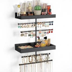 lot 261601 image: Keebofly Wall Mounted Jewelry Organizer with 2 Tired Shelves & Ring Holder- Jewelry Holder Wall Storage Display for Earrings, Necklace, Bracelet in Bathroom Bedroom, Black