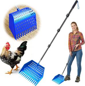 lot 261603 image: Chicken Poop Scooper & Rake 3 in 1 - Aluminum Alloy Chicken Coop Scoop & Snap-Lock Telescoping Adjustable Handle (16 to 44), Sand Sifter Shovel for Small Farm Animals US Patent Pending (Aqua Blue)