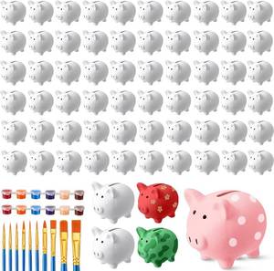 lot 261613 image: 24 Pcs DIY Ceramic Piggy Banks Pig Coin Banks Xmas Gift Unglazed White for Boys Girls with 2 Paint Strips 10 Brushes Money Birthday Home Festival Fun Activities Gift