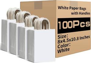 lot 261620 image: White Gift Paper Bags 100 Pack 8x4.5x10.8 in Medium with Handles  Recycled Kraft Paper, Medium Size, Reinforced Handles, for Groceries, Retail, Party Favors, Takeouts, Eco-Friendly
