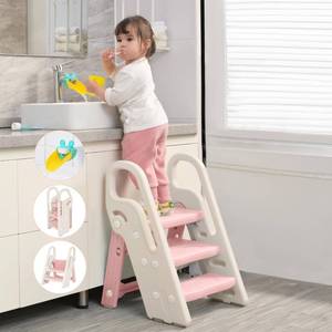 lot 361565 image: Foldable Toddler Step Stool for Bathroom Sink, Adjustable 3 Step Stool for Kids Toilet Potty Training Stool with Handles, Child Kitchen Counter Stool Helper, Plastic Ladder for Toddlers Pink