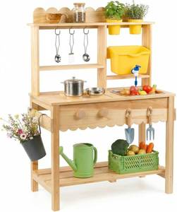lot 361569 image: Wooden Mud Kitchen for Kids with Working Faucet and Removable Sink  Outdoor Play Kitchen Set with 10 Accessories, Stainless Steel Cookware & Planter Pots, Kids Play Kitchen for Ages 3